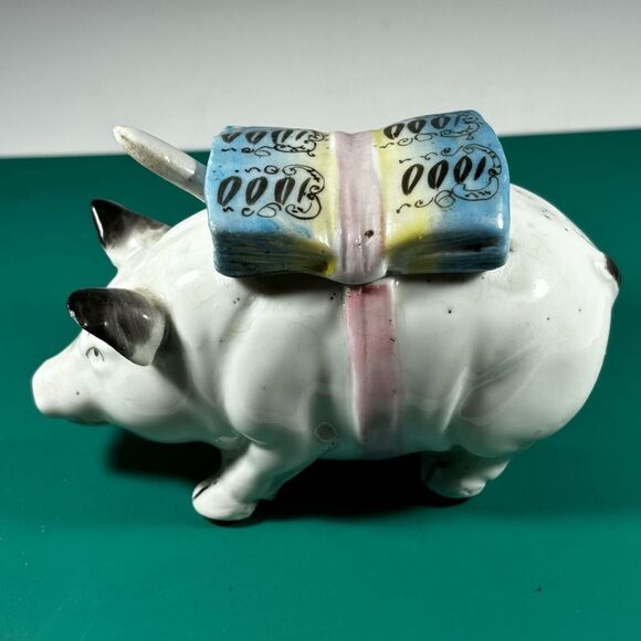 ANTIQUE PORCELAIN FIGURAL SADDLED PIG HOG CONDIMENT MUSTARD POT‎ BANK BOX - Picture 1 of 8